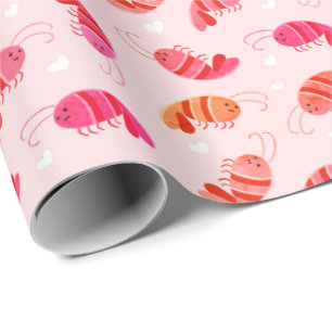 Cute Kawaii Cartoon Shrimp & Hearts Wrapping Paper