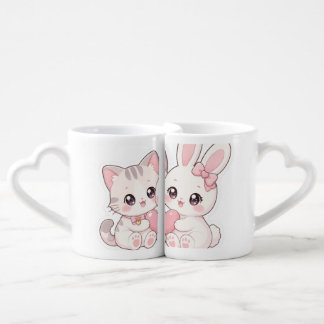 Cute Kawaii Cat and Bunny Best Friends Lovers' mug