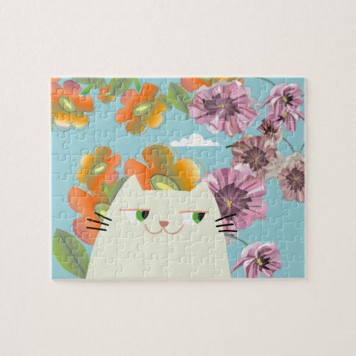 Cute Kawaii Cat and Flowers Jigsaw Puzzle