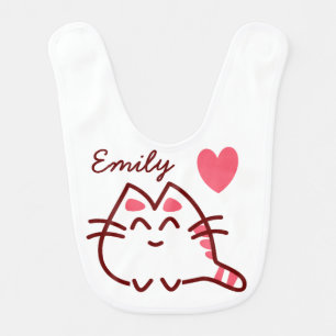 Cute Kawaii Cat and Heart Personalised Baby Bib
