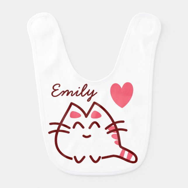 Cute Kawaii Cat and Heart Personalised Baby Bib (Front)
