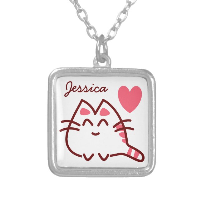 Cute Kawaii Cat and Heart Personalised Silver Plated Necklace (Front)