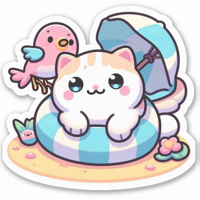 Cute kawaii cat at beach sticker (Front)