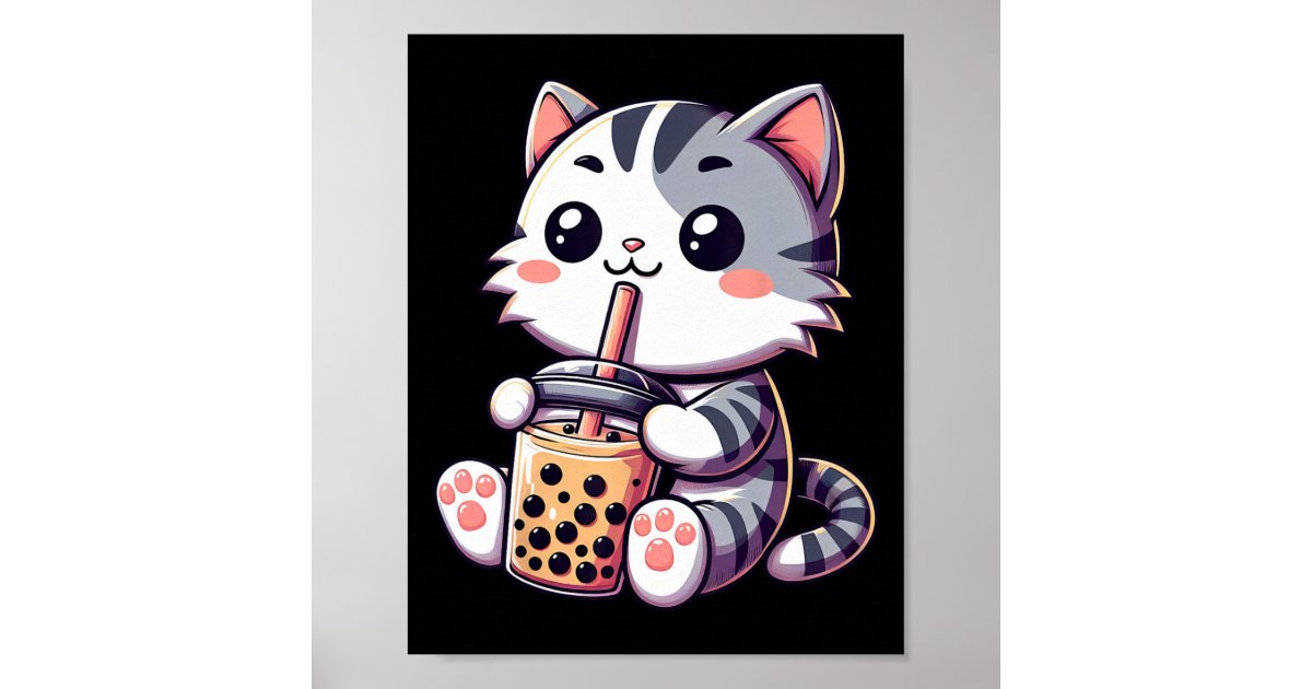 Cute Kawaii Cat Boba Bubble Milk Tea Anime Neko Ki Poster | Zazzle