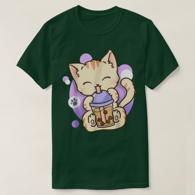 Cute Kawaii Cat Boba Bubble Milk Tea Anime Neko Ki T-Shirt (Design Front)