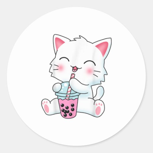 Cute Kawaii Cat Boba Bubble Tea Shirt Girls Classic Round Sticker