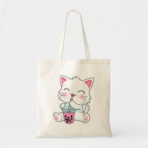 Cute Kawaii Cat Boba Bubble Tea Shirt Girls Tote Bag