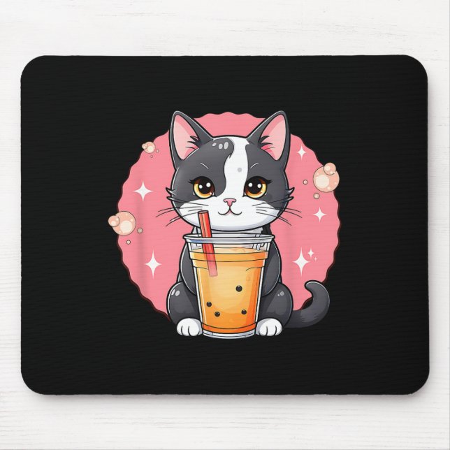 Cute Kawaii Cat Boba Tea Japanese Style Tuxedo Kit Mouse Pad (Front)