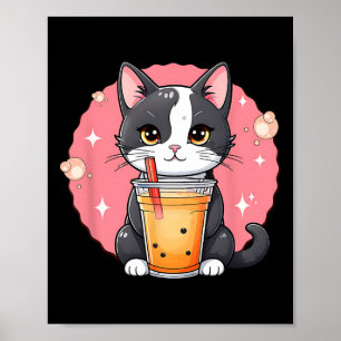 Cute Kawaii Cat Boba Tea Japanese Style Tuxedo Kit Poster