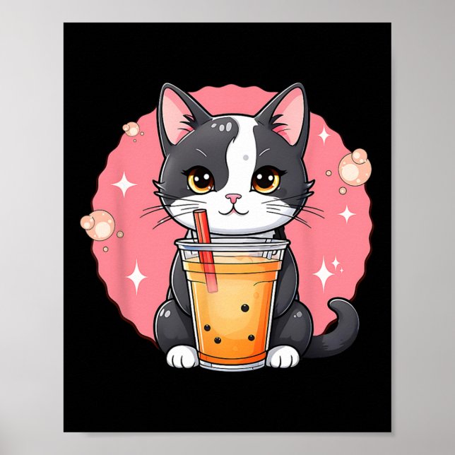 Cute Kawaii Cat Boba Tea Japanese Style Tuxedo Kit Poster (Front)