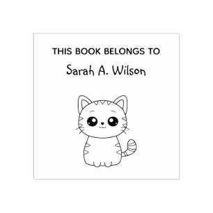 Cute Kawaii Cat Book Belongs Personalize Bookplate Rubber Stamp