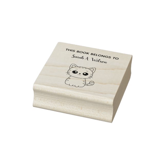 Cute Kawaii Cat Book Belongs Personalize Bookplate Rubber Stamp (Stamp)