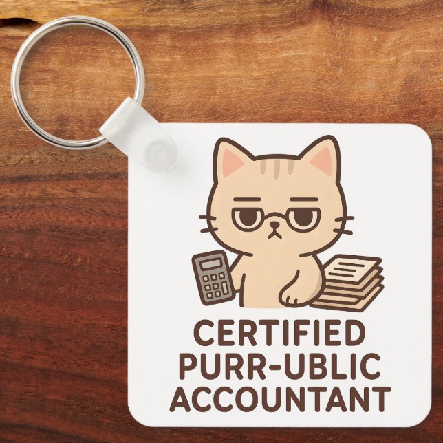 Cute Kawaii Cat Certified Public Accountant Funny Keychain (Front)