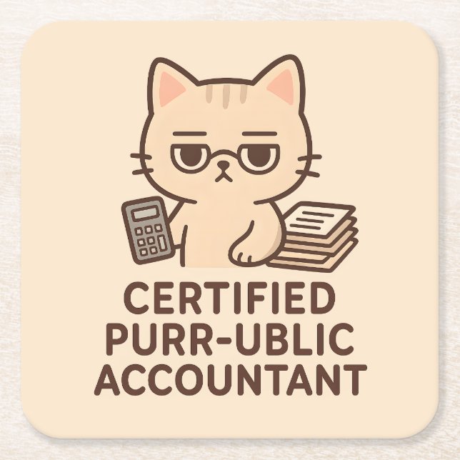Cute Kawaii Cat Certified Public Accountant Funny Square Paper Coaster (Front)