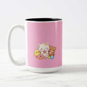 Cute Kawaii Cat, Chick & Teddy Bear Pastel Donut D Two-Tone Coffee Mug