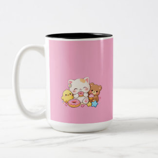 Cute Kawaii Cat, Chick & Teddy Bear Pastel Donut D Two-Tone Coffee Mug