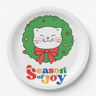 Cute Kawaii Cat Christmas Wreath Season of Joy Paper Plates