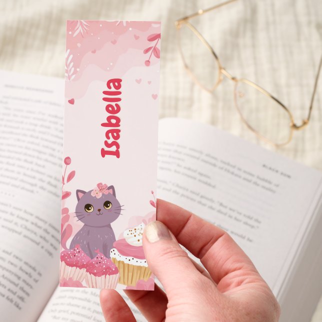 Cute Kawaii Cat Cupcakes Pink Floral Personalized Bookmarks (Hand)
