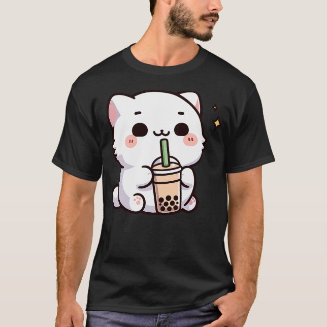 Cute Kawaii Cat Drinking Boba Tea T-Shirt (Front)