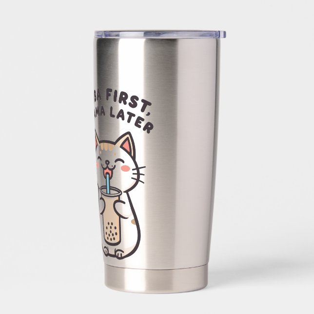 Cute Kawaii Cat Drinking Bubble Tea Insulated Tumbler (Left)