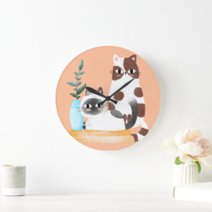 Cute Kawaii Cat Duo Illustration Cozy Cats with Large Clock