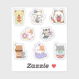 Cute kawaii cat eating fast-food stickers