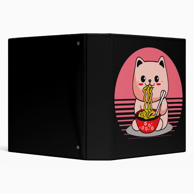 Cute Kawaii cat eating ramen 3 Ring Binder (Background)