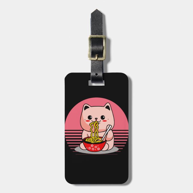 Cute Kawaii cat eating ramen Luggage Tag (Front Vertical)