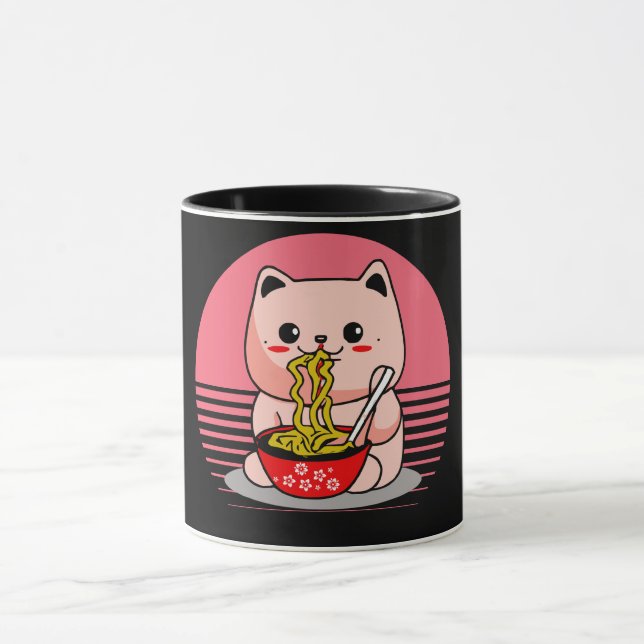 Cute Kawaii cat eating ramen Mug (Center)