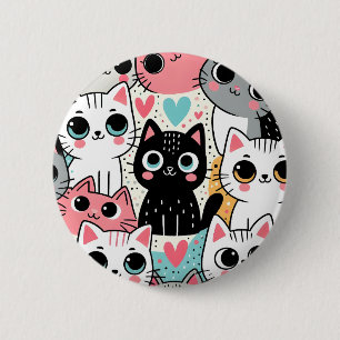 Cute Kawaii Cat Faces and Hearts Whimsical Button