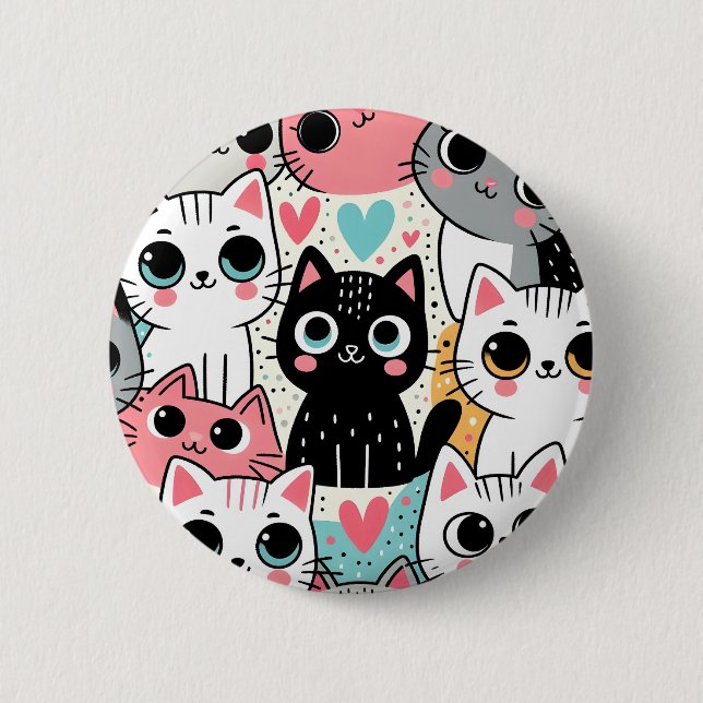 Cute Kawaii Cat Faces and Hearts Whimsical Button (Front)