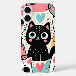 Cute Kawaii Cat Faces and Hearts Whimsical iPhone 16 Case