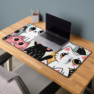 Cute Kawaii Cat Faces and Hearts Whimsical Desk Mat