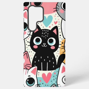 Cute Kawaii Cat Faces and Hearts Whimsical Samsung Galaxy S22 Ultra Case