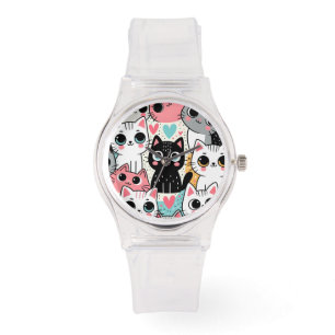 Cute Kawaii Cat Faces and Hearts Whimsical Watch