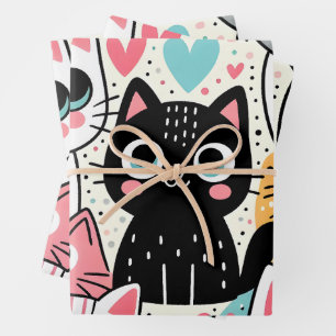 Cute Kawaii Cat Faces and Hearts Whimsical Wrapping Paper Sheets