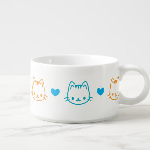 Cute Kawaii Cat Faces Pattern Blue and Orange Bowl