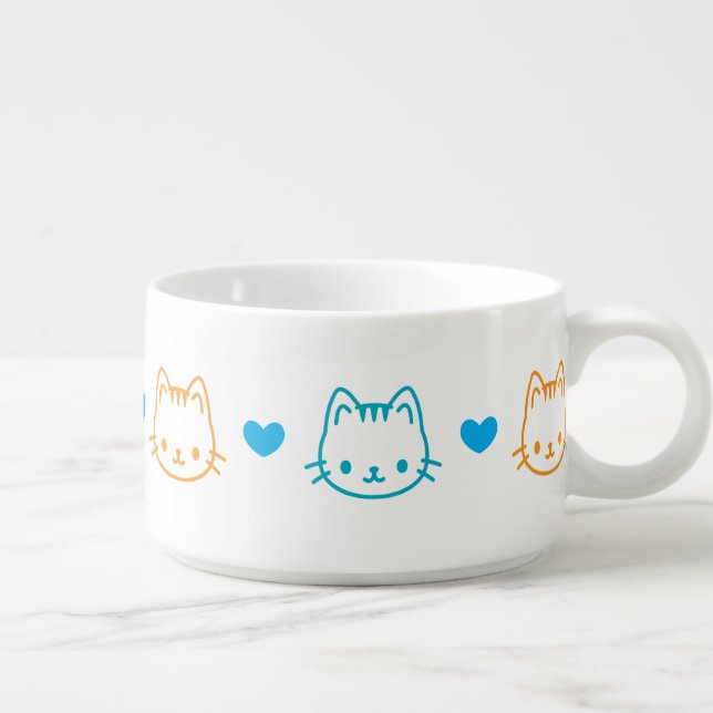 Cute Kawaii Cat Faces Pattern Blue and Orange Bowl (Left)