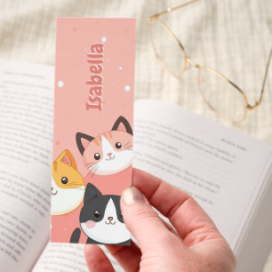 Cute Kawaii Cat Faces Pink Personalized Bookmarks