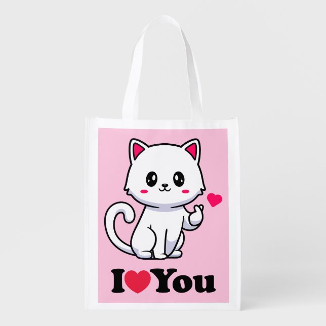 Cute Kawaii Cat Finger Heart Valentine Grocery Bag (Front)