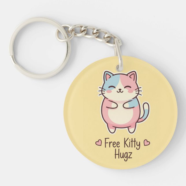 Cute Kawaii Cat "Free Kitty Hugz" Pastel Acrylic  Keychain (Front)
