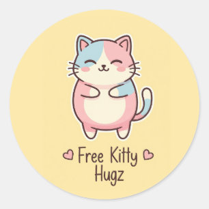 Cute Kawaii Cat Free Pup Hugz Pastel Die-Cut Stick Classic Round Sticker
