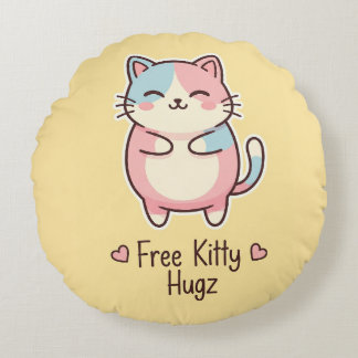 Cute Kawaii Cat Free Pup Hugz Pastel Round Pillo Pillow