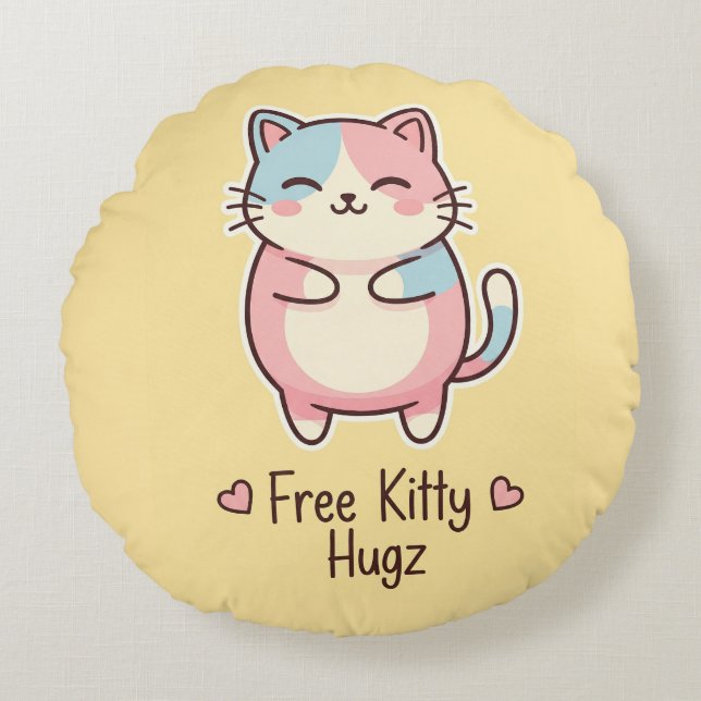 Cute Kawaii Cat Free Pup Hugz Pastel Round Pillo Pillow (Front)