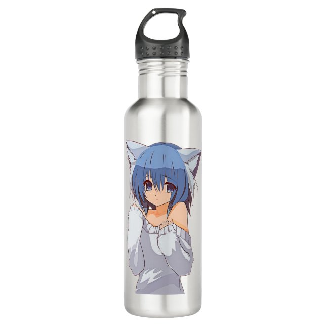 Cute Kawaii Cat-girl Waifu Stainless Steel Water Bottle (Front)