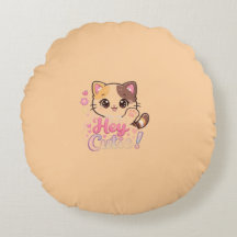 Cute Kawaii Cat "Hey Cutie" Round Throw Pillow