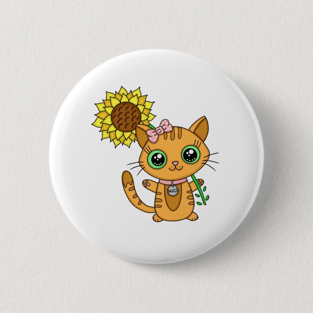Cute Kawaii Cat Holding Flower Button (Front)