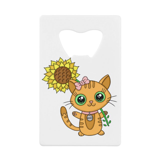 Cute Kawaii Cat Holding Flower Credit Card Bottle Opener (Front)