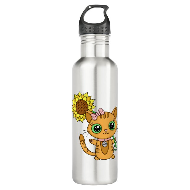 Cute Kawaii Cat Holding Flower Stainless Steel Water Bottle (Front)