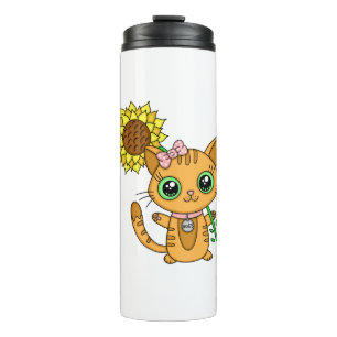 Cute Kawaii Cat Holding Flower Thermal Tumbler
